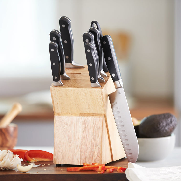 9-Piece High-Carbon Stainless Steel Kitchen Knife Set with Ergonomic Handles, Full Tang Construction, Pine Wood Block, Black (9-Piece / Traditional Handle Design)