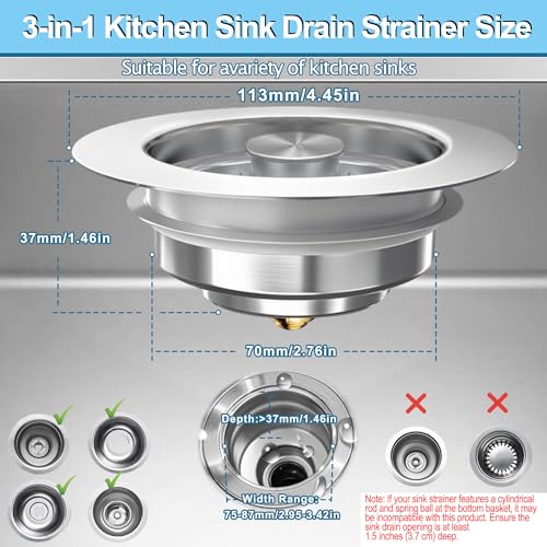 Sink Drain Strainer 3 in 1 (Silver / 2 Pack)