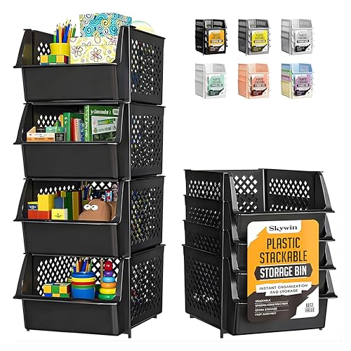 Stackable Storage Bins Open Front for Pantry Storage (4 Pack / Black)