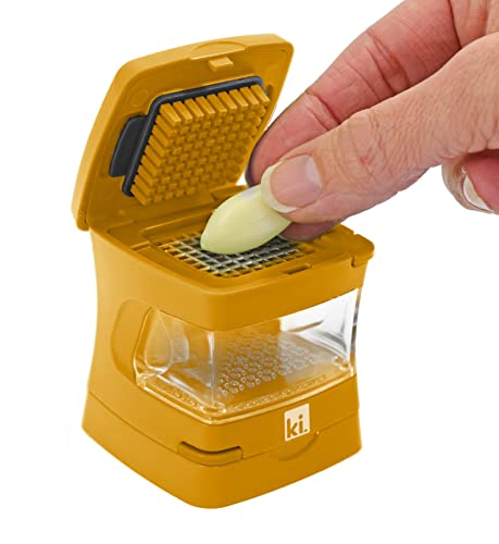 Garlic-A-Peel Garlic Press, Crusher, Cutter, Mincer, and Storage Container - Includes Silicone Garlic Peeler - Easy to Clean - Stainless Steel Blades – (Honey), standard (2.5 x 2.5 x 2.8 / Honey)