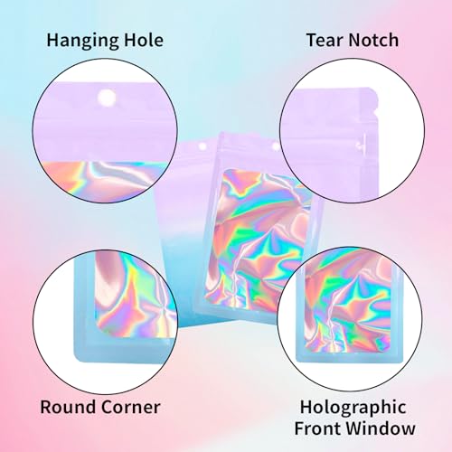 200 Pack Resealable Mylar Holographic Bags Food Storage Smell Proof Bags with Front Window Foil Packaging Pouch for Candy Sample Jewelry Small Business 4.13×5.91 Inch (4.1×5.9 inch / Pink Fade Blue)