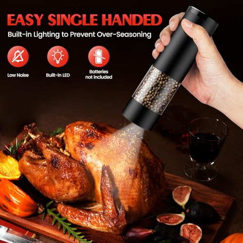 Electric Salt and Pepper Grinder Set Automatic Battery Pepper Mill Shakers Adjustable Coarseness Upgraded Larger Capacity with Led Home and Kitchen Appliances White Elephant Gifts for Women Men (BlackBlack)