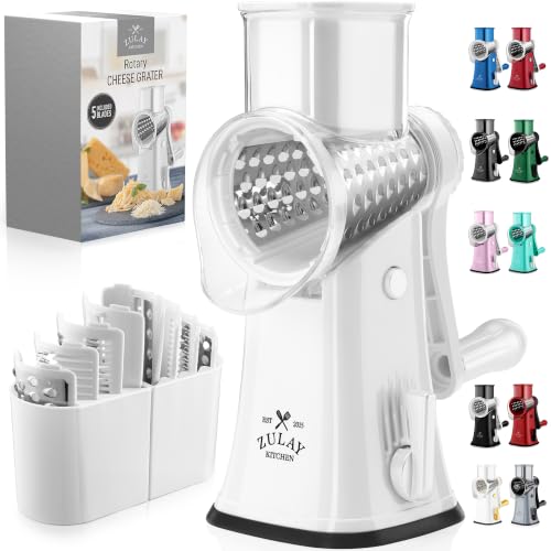 Rotary Cheese Grater Manual Hand Crank 5 Blade Shredder (5 Blades / White)