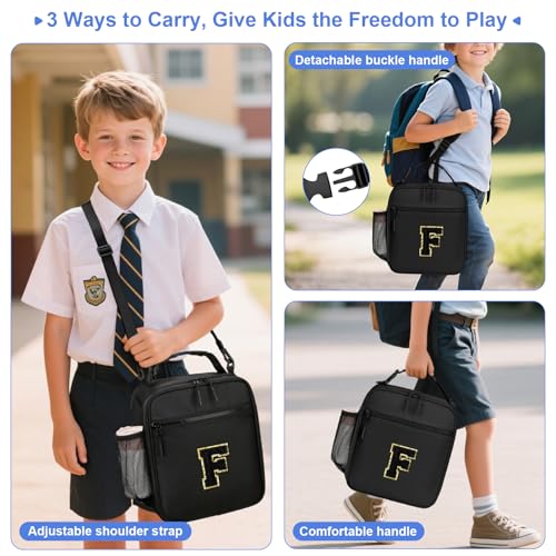 Lunch Box Kids Large Initial Insulated Lunch Bag for Girls (Black / F)