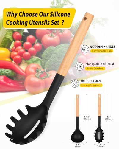 Silicone Soup Ladle and Pasta Spoon Set with Wooden Handle (Black)
