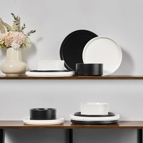 12 Piece Plates and Bowls Sets (Speckled White & Matte Black / 12pcs for 4)