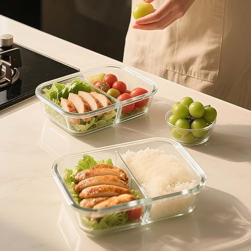 5 Pack 35 Oz Glass Meal Prep Containers 2 Compartments (Green / 35oz 2-compartment)