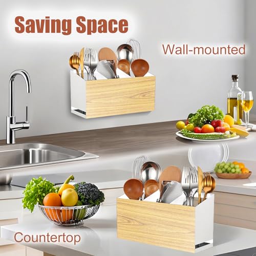 Utensil Holder Large Iron Flatware Container with 3 Compartments Countertop Wall (White)