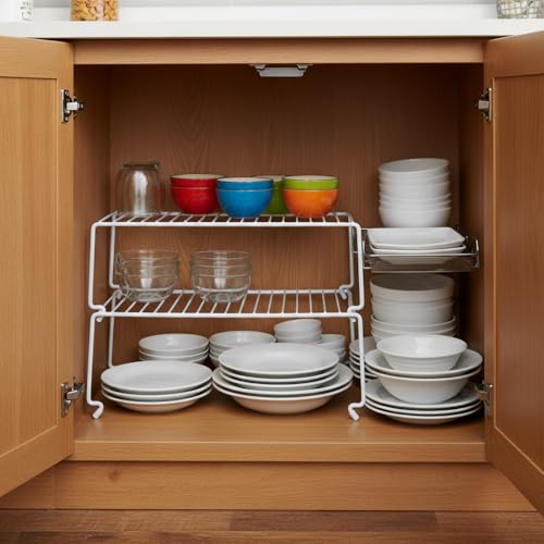 6-Pack Large (15.7x8.54inch) Multi-Level Organizer Rack, Kitchen Shelves for Spice Organization for Cabinet, Pantry Organizers and Storage, Wire Extra Shelf, Desk Organizer, Stackable, White (6-Pack / Large Stackable)