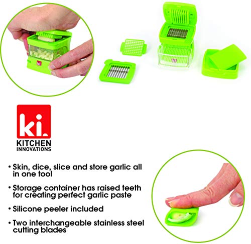 Garlic-A-Peel Garlic Press, Crusher, Cutter, Mincer, and Storage Container - Includes Silicone Garlic Peeler - Easy to Clean - Stainless Steel Blades – (Green), standard (Standard / Green)