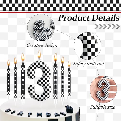 13 Pcs Racing Cars Themed Birthday Candles Black and White Race Number 3 Checkered Candle Cake Topper for Racing Car Party Decoration Supplies (Black+White / 3)