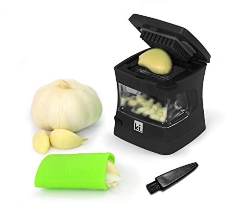 Garlic-A-Peel Garlic Press, Crusher, Cutter, Mincer, and Storage Container - Includes Silicone Garlic Peeler - Easy to Clean - Stainless Steel Blades – (Black), standard (3 x 3 x 2.8 / Black)