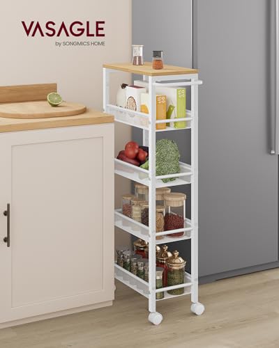 5 Tier Slim Rolling Storage cart with Wheels (Oak Beige + Classic White / 5 Tiers (8.7"D x 39.2"H))