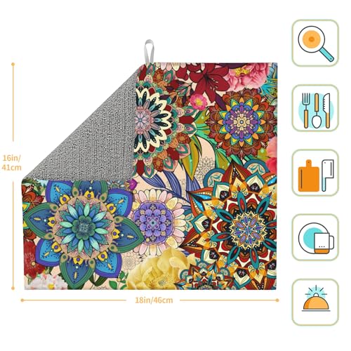 Boho Floral Dish Drying Mat for Kitchen Counter Washable Absorbent Reversible Microfiber Colorful Flowers Drying Pad Kitchen Accessories 16x18 Inch (Boho Floral / 16" x 18")