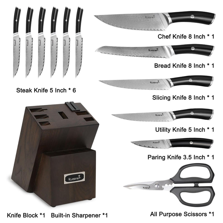 14 Piece Damascus Knife Set with Block (Silver / 14 pieces)