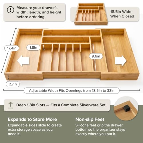 Silverware & Utensil Drawer Organizer (Natural Bamboo / From 18" to 33" Wide)