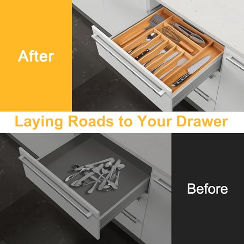 Large Premium Bamboo Silverware Organizer (9 Slots Expandable / Natural)