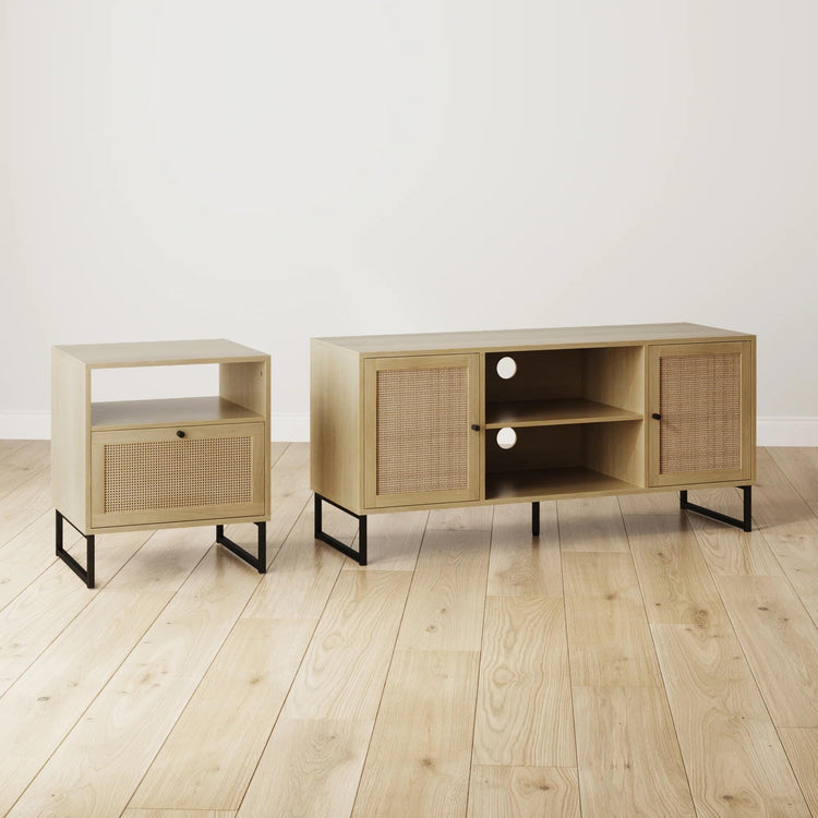 Mina Rattan Wood End Side Accent Table Nightstand with Storage for Living Room or Bedroom (Oak/Black / 1)