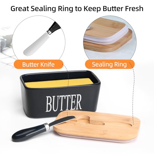 Ceramic Butter Dish with Bamboo Lid and Stainless Steel Knife Spreader (Black)