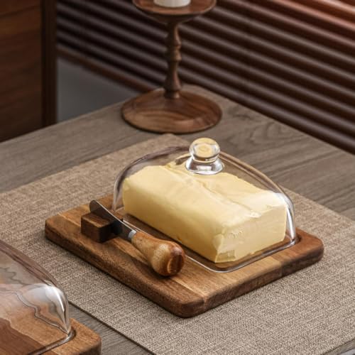 Glass & Acacia Wood Butter Dish with Airtight Glass Lid & Serving Knife (1 knife)