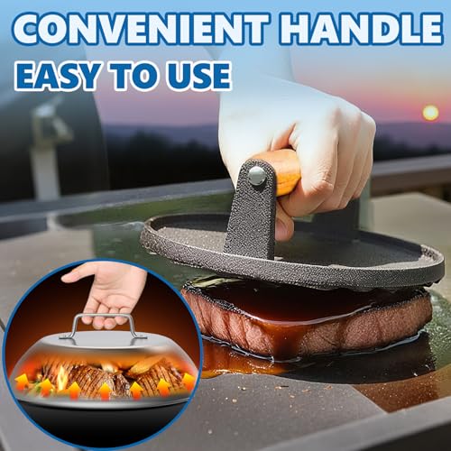 Round Griddle Basting Cover Dome&Cast Iron Burger Press for Flat Top Grills (12In Dome+Round Press)