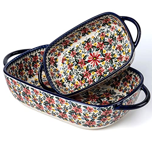 Baking Dish Ceramic Baking Pan Blue Casserole Dish Rectangular Baking Set 2pcs Bakeware Sets Single Serving Size Lasagna Pan Baking Dishes for oven (Exotic Daisy)