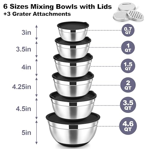 Mixing Bowls Stainless Steel Salad Bowl with Lid & Graters (Black)