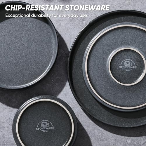 16 Piece Stoneware Dinnerware Sets with Pasta Bowls (Deep Gray / Bowls Type-16pcs for 4)