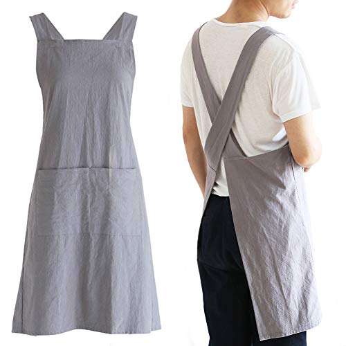 Japanese Linen Cross Back Kitchen Cooking Aprons for Men with Pockets for Baking Painting Gardening Cleaning Gray (15 - Men's Dark Gray)