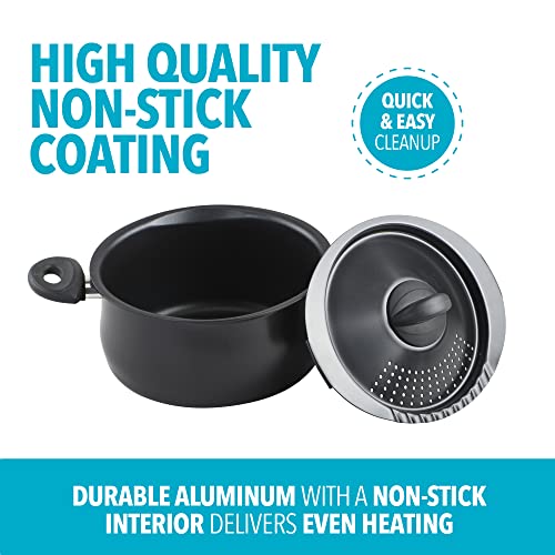 5.5 Quart Nonstick Aluminum Pasta Pot with Strainer Lid and Handles (6 Quarts / Black)