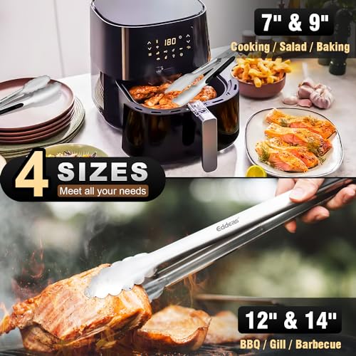 Grill Tongs BBQ Tongs Heat Resistant 600 Degrees (7+9+12+14 inch / Silver 4Pcs)