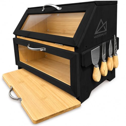 Large 2 Tier Black Bread Box for Countertop with Cutting Board (Black Bamboo)