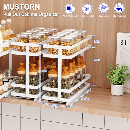 2 Pack Pull Out Spice Rack Organizer for Cabinet (White(Metal))