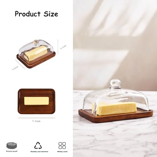 Glass butter dish with lid (7.1"L x 4.5"W x 4.1"H-Acacia wood)