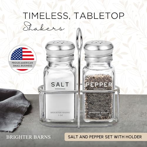 Glass Salt and Pepper Shakers Set with Holder by Brighter Barns (Clear)