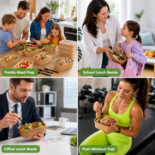 50 Disposable Meal Prep Containers 19oz Kraft Paper Bowls with Lids & Forks (19oz 50 Count / kraft Paper Rectangular)