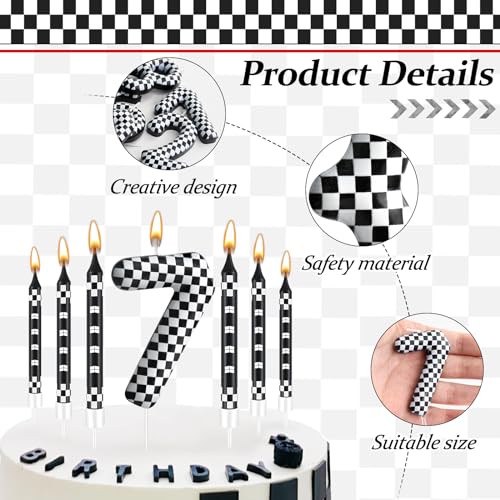 13 Pcs Racing Cars Themed Birthday Candles Black and White Race Number 7 Checkered Candle Cake Topper for Racing Car Party Decoration Supplies (Black+White / 7)