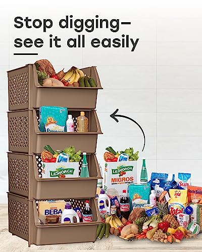 Stackable Storage Bins Open Front for Pantry Storage (4 Pack / Brown)