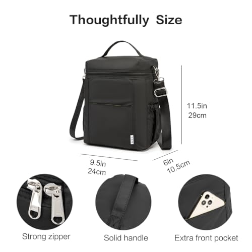 NOL Insulated Lunch Bags for Women Cooler Bag Lightweight Nylon Waterproof Lunch Box for Work (Black / Large (12 Liters))