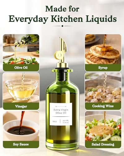 Olive Oil Dispenser Set of 2 (Dark Green Glass / Gold Spouts / 12oz/350ml (Set Of 2))