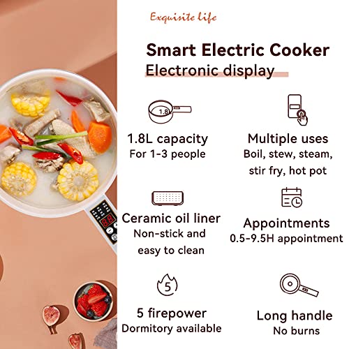 Electric Hot Pot Cooker Steamer 1.8L Multifunctional Nonstick Pan Dormitory Office Portable Ramen Cooker Steamer Boil Dry Protection Suitable For Noodles Steak Cooker Eggs StirFrying (White)