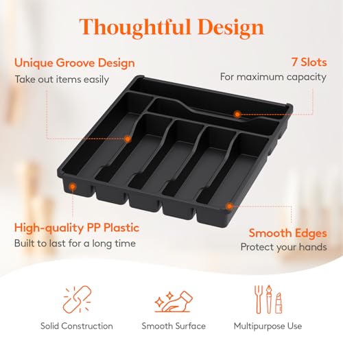 Silverware Drawer Organizer Tray (Black / 12.3 x 14.2 inch (7 Slots))