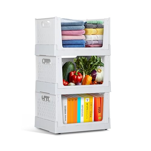 Foldable Stackable Storage Bins with Wheels (3 Pack / Ivory)