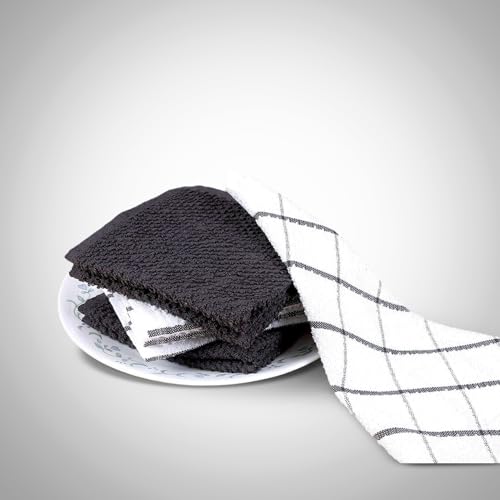 Cotton Kitchen Dish Cloths Set of 8 (Gray Check / 12" x 12" - 8 pack)