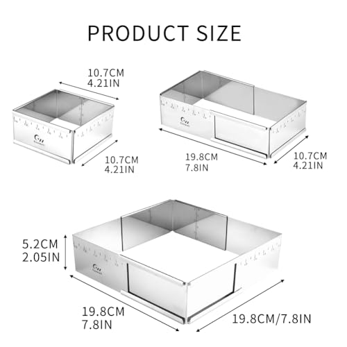 Stainless Steel Extensible Cake Ring Detachable Square Cake Mold Mousse Ring Nonstick Cheesecake Mould Pastry Shaping for Baking ((4.2-7.8) × (4.2-7.8) × 2 in)