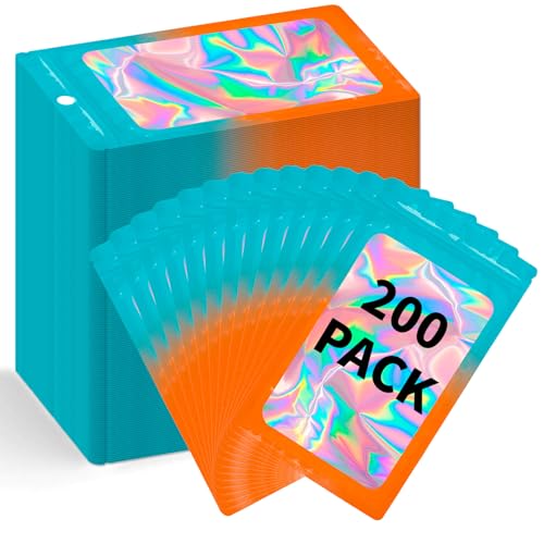 200 Pack Resealable Mylar Holographic Bags Food Storage Smell Proof Bags with Front Window Foil Packaging Pouch for Candy Sample Jewelry Small Business 4.13×5.91 Inch (4.1×5.9 inch / Blue Fade Orange)