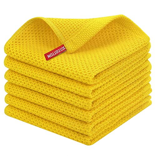 100% Cotton Waffle Weave Kitchen Dish Cloths 6 (Yellow / 12 X 12 - 6 Pack)