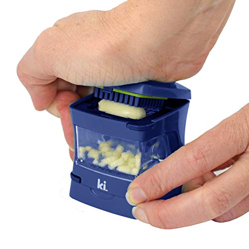 Garlic-A-Peel Garlic Press, Crusher, Cutter, Mincer, and Storage Container - Includes Silicone Garlic Peeler - Easy to Clean - Stainless Steel Blades – (Blue), standard (Standard / Blue)