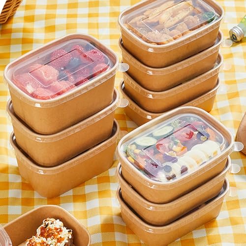 50 Meal Prep Containers Disposable 22oz Food Containers with Lids & Forks (22oz 50 Count / kraft Paper Rectangular)