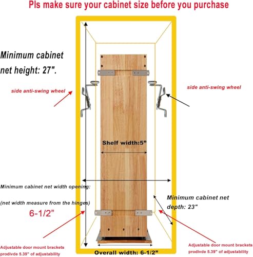 Pull Out Spice Rack Cabinet Organizer (5"W x 21.9"D x 25.2"H / Wood+Stainless Steel)